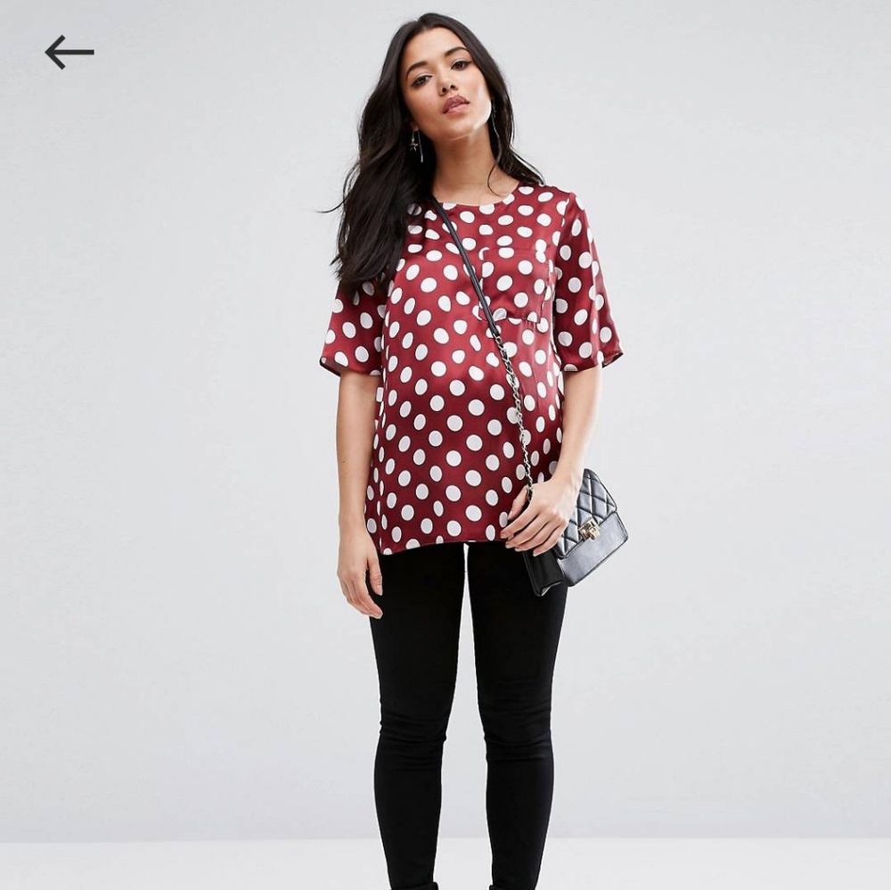 Maroon and white maternity polka dot top